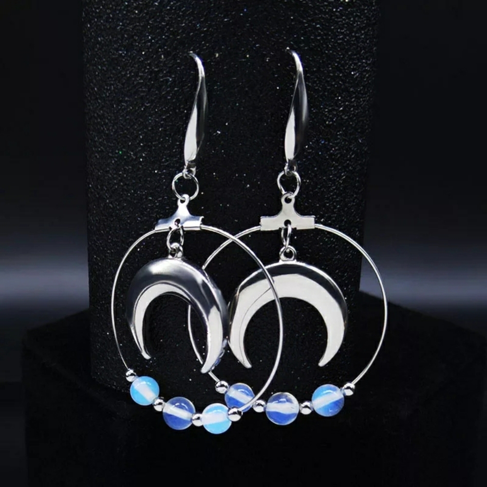 Opal Round Drop Crescent Moon Earrings